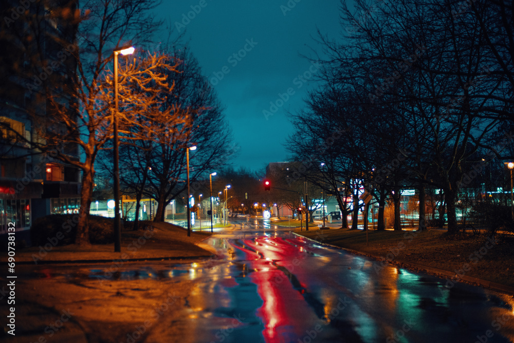 Wall mural city street at night with wet road and illuminated street lights.