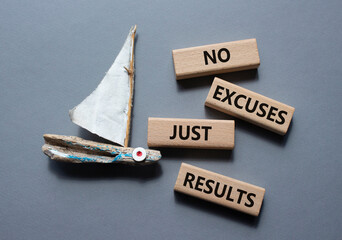 No excuses just results symbol. Wooden blocks with words No excuses just results. Beautiful grey background with boat. Business and No excuses just results concept. Copy space. - obrazy, fototapety, plakaty