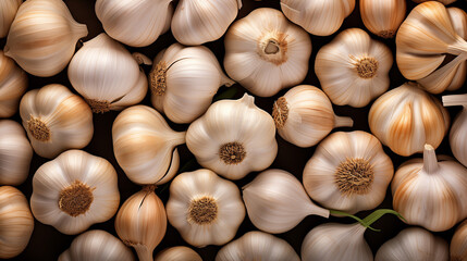 White garlic bulbs with brown hues, on a dark background, shot from above. Natural healthy food from a market.