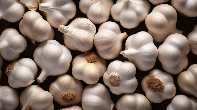 Fresh garlics group over black background. Shot top down view. Healthy and beautiful food photography for a magazine and commercial advertising