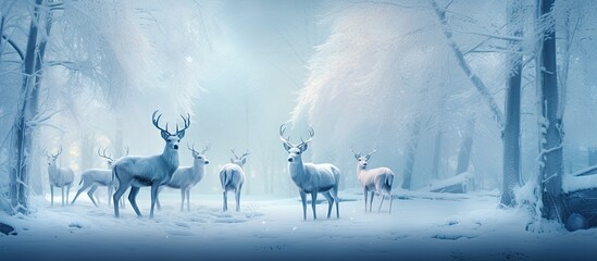Deer in snowy forest. cool color. wild nature.