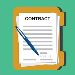 Contract papers. Document. Folder with text. Stack of agreements document with signed paper deal contract icon agreement pen on desk flat business illustration vector