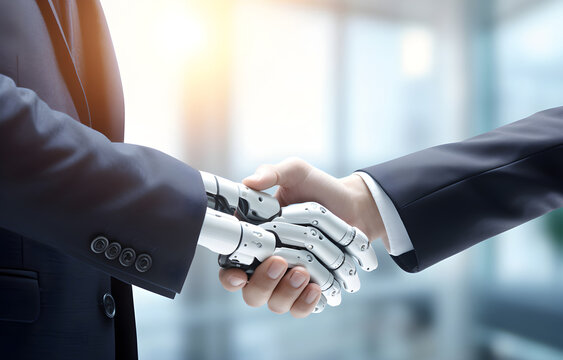 Businessman hand robot handshake on blurred office background