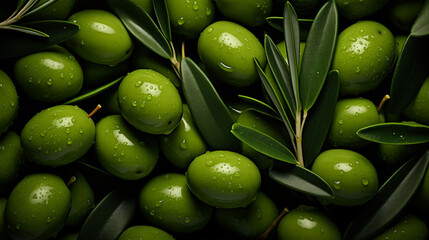 Fresh green olives group with olive tree leaves and glistening droplets of water. Shot top down view. Healthy and beautiful mediterranean food photography for a magazine and commercial advertising - obrazy, fototapety, plakaty