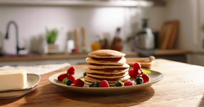 Table set for breakfast with a stack of pancakes in the center. No people, advertisement. Breakfast delight, savory pancakes topped with medley of berries, syrup, sugar powder in kitchen. Gluten-free