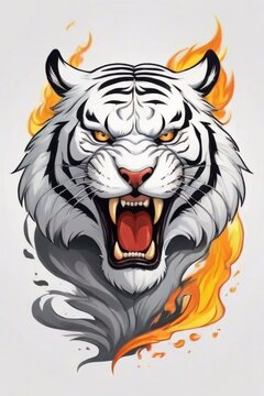 A illustration of tiger head with smoke and fire, print, t-shirt design.	