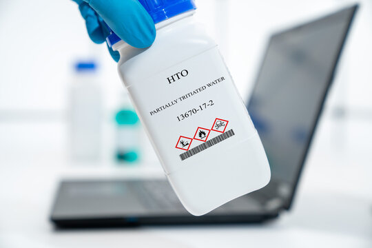 HTO partially tritiated water water-t CAS 13670-17-2 chemical substance in white plastic laboratory packaging