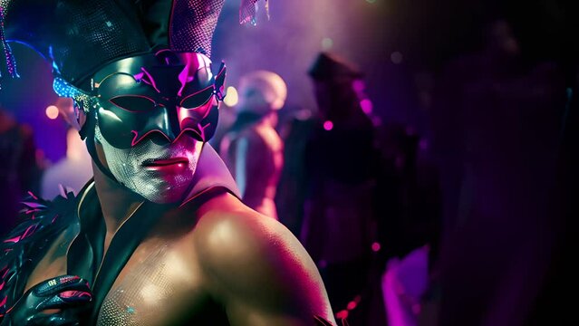 Carnival scene features brazilian man in colorful mask . Generative Ai	