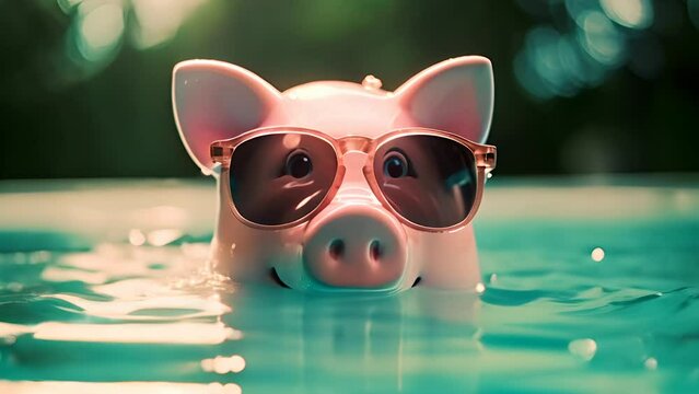 piggy bank in pool, saving money for vacation time. Generative Ai	
