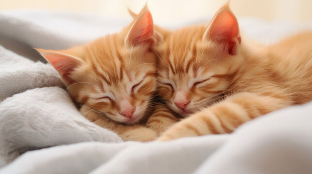 The image shows two adorable red kittens cuddled up together on a soft, textured white blanket. They are in a peaceful slumber
