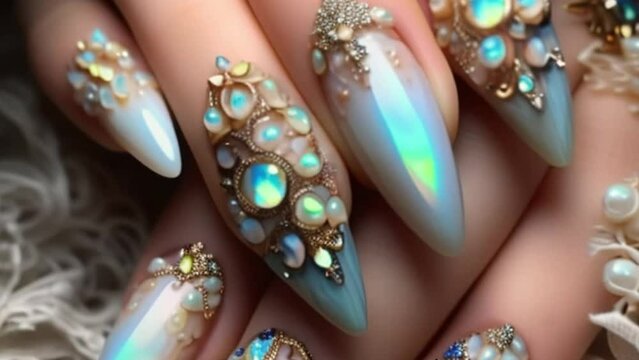 gemstone opal nails with decoration stones