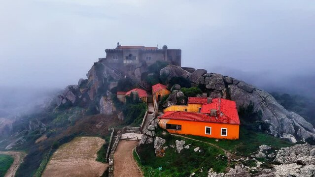 aerial view of the Sanctuary of Peninha on a cloudy day. Sintra, Portugal
