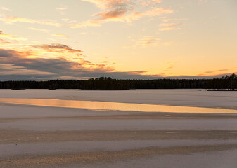 sunset over a lake in winter