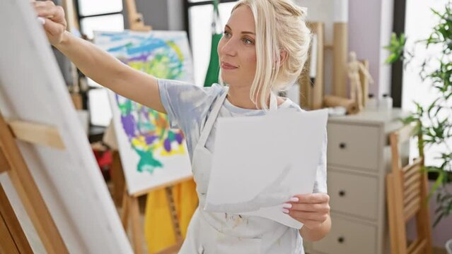 Confident young blonde artist, smiling radiantly, drawing on paper, fully immersed in her craft at a bustling art studio