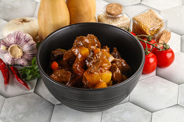 Homemade beef hungarian goulash with potato