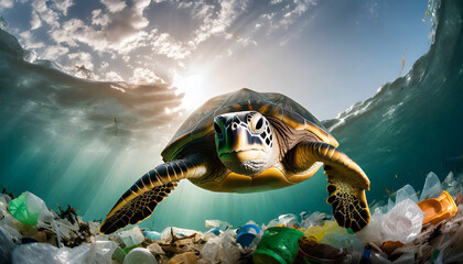Obraz premium Green sea turtle swimming in plastic waste