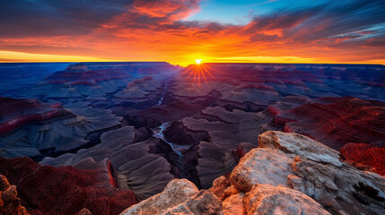 Majestic Grand Canyon Sunrise: A captivating image of the Grand Canyon at sunrise, with the first light casting a warm glow over the rugged terrain and the Colorado River below.