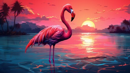flamingo in the water under sunset