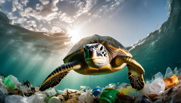 Green sea turtle swimming in plastic waste