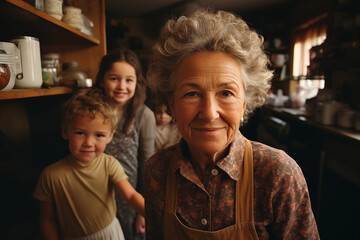 Słodkie Chwile u Babci. Babcia w centrum uwagi z uśmiechniętymi wnukami w kuchni, gdzie każde zdjęcie to kawałek słodkiego wspomnienia. - obrazy, fototapety, plakaty