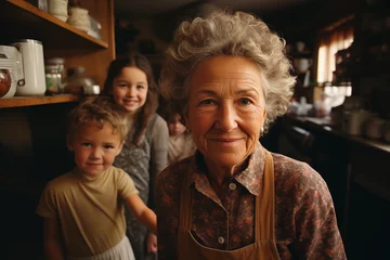 Foto op Aluminium Słodkie Chwile u Babci. Babcia w centrum uwagi z uśmiechniętymi wnukami w kuchni, gdzie każde zdjęcie to kawałek słodkiego wspomnienia. © trojan74