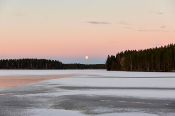 blue hour moon lake winter