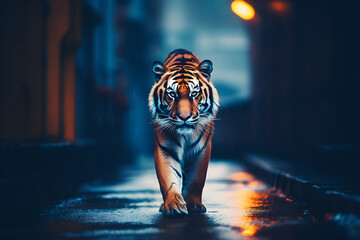 Urban Tiger Apocalypse. A tiger walking through urban ruins in a post-apocalypse like setting. Neural network AI generated art - obrazy, fototapety, plakaty