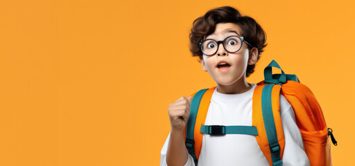 Young boy with curly dark hair and round glasses looks up in excitement, wearing a bright orange backpack, against a vibrant orange background. His expression is one of eager anticipation and joy - obrazy, fototapety, plakaty
