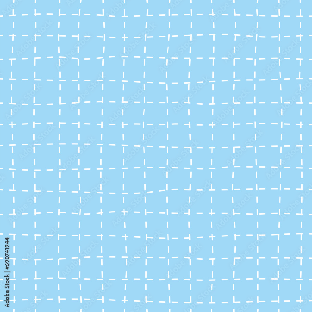 Leinwandbilder Checkered Background with White Dotted Lines on Blue. Abstract Psychedelic Pattern with Wavy Doodle Stripes. Vector Groovy Y2K Checker Texture