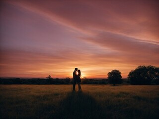 Silhouettes of young romantic couple sunset sea digital ai