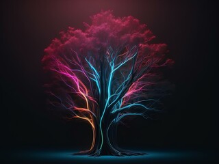 transparent tree, glowing lines, black background, for design, isolated