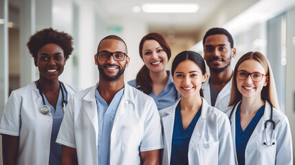 Diverse Harmony: Smiling Young Healthcare Professionals in Uniformed Group Portrait. Labor Day in North America. - obrazy, fototapety, plakaty