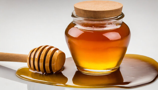Honey dipper and honey in pot on white background