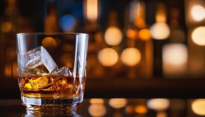 Old fashioned glass of whisky on the rocks - classic, timeless drink