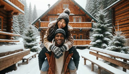 Couple having fun in falling snow, winter cabin background