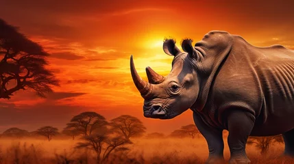 Deurstickers rhino at sunset on mountains © rai stone