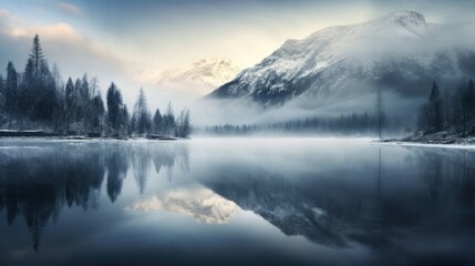 Silvery winter reflections in the alpine lake at dawn with magical misty atmosphere. - obrazy, fototapety, plakaty