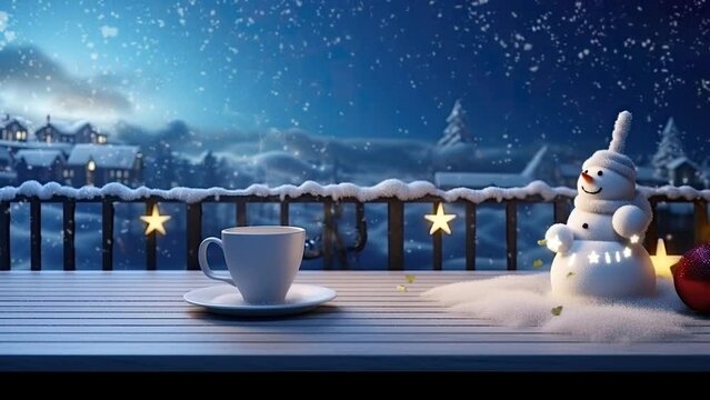 christmas decoration on balcony room with snowman and cup of coffee at night during snowfall.  seamless looping time-lapse virtual video 4k  animation background.	