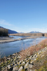 Beautiful view of the Squamish River during a fall season at the Eagle Run vista point in Brackendale, Squamish, British Columbia, Canada