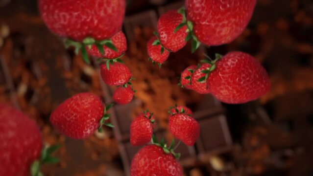 Strawberries spiraling and falling down on the chocolate bar slow motion