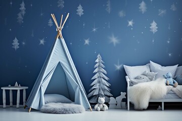 Fototapeta premium Blue child bedroom interior for mockup