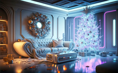 a new year winter holiday home interior. Influence Christmas tree adorned with ornaments. generative ai