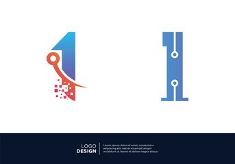 Set of Number 1 digital data connection logo design.