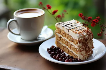 Foto op Plexiglas Delicious cake slice and a freshly brewed cup of coffee - perfect indulgence for dessert lovers © chelmicky