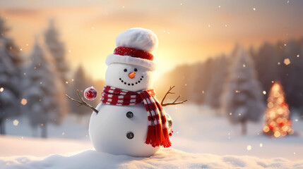 Fototapeta premium Christmas Wallpaper - Snowman in Snow on a Snowy Day | Christmas Lights and Decorations | Beautiful Background