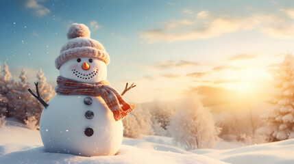 Obraz premium Christmas Wallpaper - Snowman in Snow on a Snowy Day | Christmas Lights and Decorations | Beautiful Background