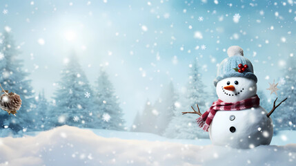 Fototapeta premium Christmas Wallpaper - Snowman in Snow on a Snowy Day | Christmas Lights and Decorations | Beautiful Background