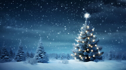 Obraz premium Christmas Wallpaper - Christmas Trees in Snow on a Snowy Night | Christmas Lights and Decorations | Beautiful Background