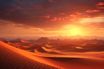 Fototapeta na wymiar A vast desert scene at sunset, with vibrant orange and red hues painting the sky and sand dunes stretching into the horizon, captured in a realistic neo-realism landscape in high resolution