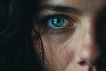 Close-up of a person with striking green eyes, showing detail and reflection, exuding a sense of contemplation.